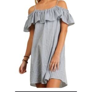 Umgee Women’s Off The Shoulder Mini Dress Size M Raw Hem Blue/white Striped NWT